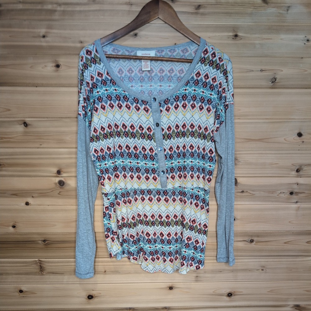 Sundance Womens Large Boho Geometric Diamond Print Henley Long Sleeve Top Gray